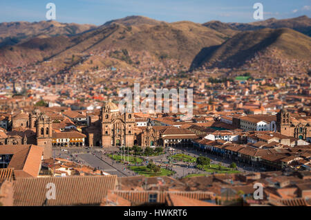 Plaza de Armas and the rooftops the city center of Cuzco, Peru (with Tilt-Shift effect) Stock Photo