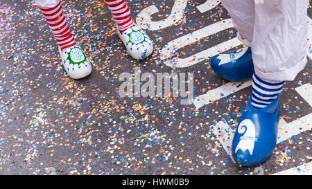 Basel carnival. Basel, Switzerland - March 7, 2017. View on two pairs of wooden shoes which are usually worn by a Waggis (typical carnival character) Stock Photo