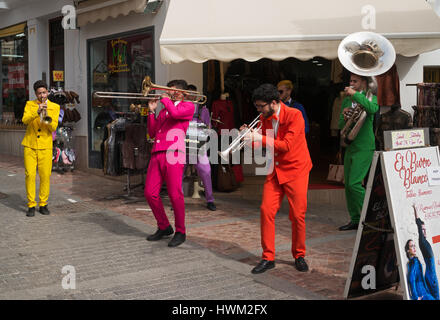 Nerja Carnival 2017, street jazz musicians playing, Andalusia, Spain Stock Photo