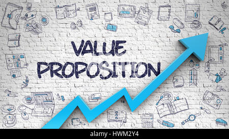 Value Proposition Drawn on White Brick Wall. 3d. Stock Photo