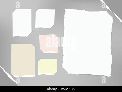 White and pastel blank note, notebook, copybook sheets inserted into background with gray paper in corners. Stock Vector