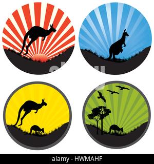 four icons round with rays and kangaaroos Stock Vector