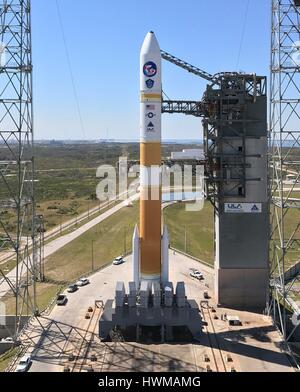The United Launch Alliance Delta IV rocket carrying the ninth Wideband Global Satellite Communication satellite is prepared for launch at Cape Canaveral Air Force Station March 18, 2017 in Cape Canaveral, Florida. This mission is the 35th launch of the Delta IV since its inaugural launch in 2002. Stock Photo
