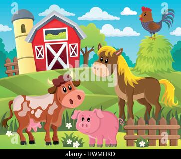 cow and rooster on hay fence farm animal cartoon vector illustration ...