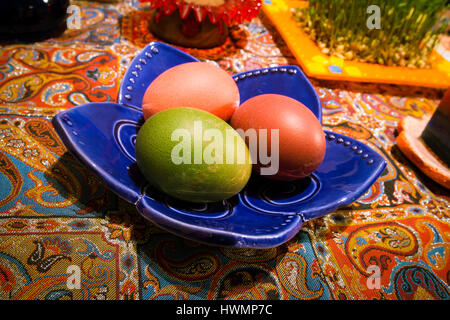 Colored eggs which are traditionally part of Haftsin for Persian New Year! Stock Photo