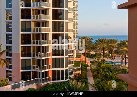 Miami, USA - November 24, 2011: View close to a modern luxury building and tropical beach in Miami Stock Photo