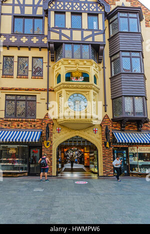 PERTH, AUSTRALIA - December 17, 2015 Perth. London Court, built in 1937, is a three- and four-level open-roof shopping arcade. Hay Street entrance. Stock Photo