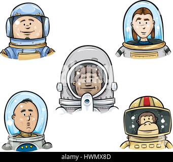 A group of cartoon astronaut faces in shiny space helmets, including a cartoon chimpanzee. Stock Vector