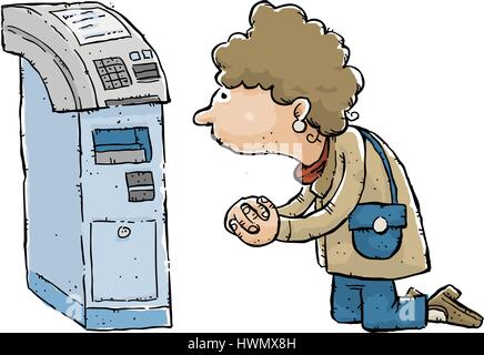 A sad and desperate cartoon woman kneels and prays for money in front of a portable ATM. Stock Vector