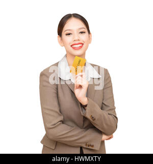 Smiling business woman show credit card.Isolated on white background Stock Photo