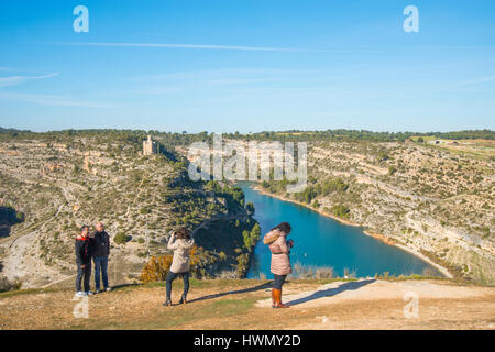 Group of people taking photos in Hoz del Jucar. Alarcon, Cuenca province, Castilla La Mancha, Spain. Stock Photo