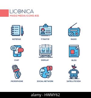 Mass Media - coloured modern single line icons set Stock Vector