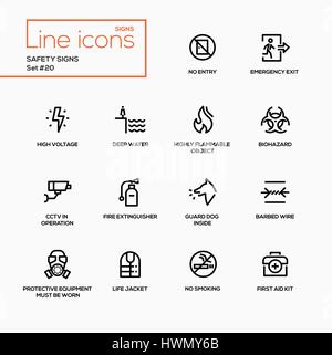 Safety Signs - modern vector single line icons set Stock Vector