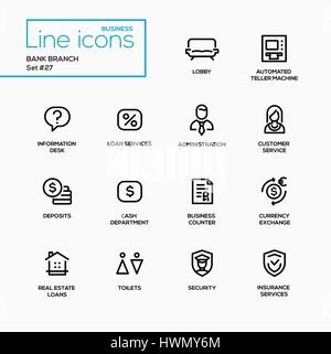 Bank branch - modern vector single line icons set. Stock Vector