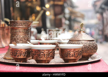 Traditional handcrafted copper coffee pots in souvenir shops in Sarajevo