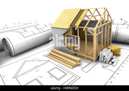 3d illustration of house design project over blueprints Stock Photo