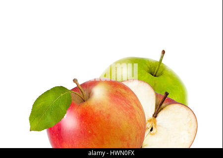closeup studio photo of  three apples of different colors  nice and juicy one cut half  isolated on white background Stock Photo
