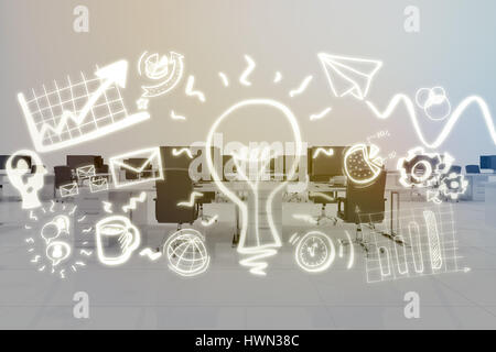 Digital generated image of light bulb amidst business icons against office furniture Stock Photo