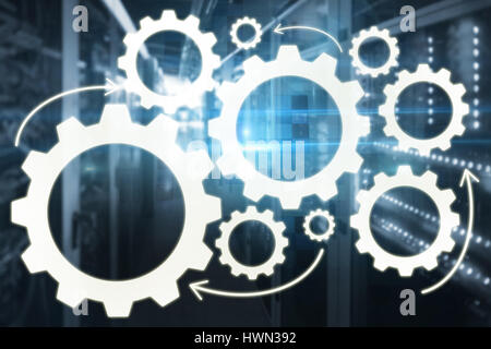 Graphic image of gears against technical background with squares 3d Stock Photo