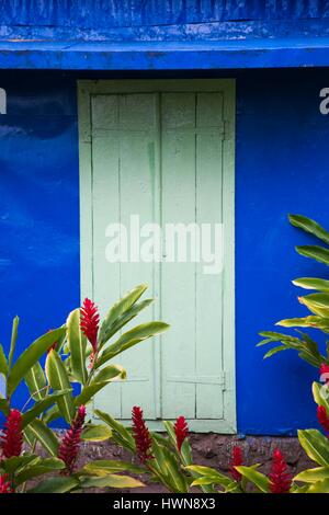 France, Reunion Island, listed as World Heritage by UNESCO, East Reunion, Piton Ste-Rose, blue Creole house with Red Ginger flowers, alpinia purpurata Stock Photo