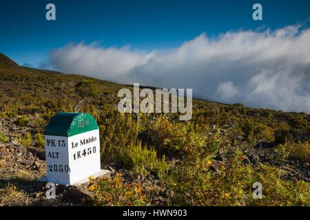 France, Reunion Island, listed as World Heritage by UNESCO, Cirque de Mafate, Le Maido, road marker on Piton Maido Peak (el.2205 meters) Stock Photo