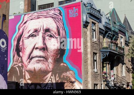 Canada, Province of Quebec, MontrealMary Socktish by the Portuguese-born Québécois Kevin Ledo for the festival Mural 2014 A portrait of a woman of the Hupa people of northwestern California inspired by a century-old photograph of the famous photographer Edward Sheriff Curtis Stock Photo