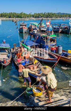 Myanmar (Burma), Rakhine state (or Arakan state), Thandwe district, Ngapali Beach, return from fishing in Lone Tha fishing village Stock Photo