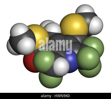 Dithiopyr preemergent herbicide molecule. 3D rendering. Atoms are represented as spheres with conventional color coding: hydrogen (white), carbon (gre Stock Photo