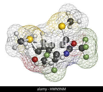 Dithiopyr preemergent herbicide molecule. 3D rendering. Atoms are represented as spheres with conventional color coding: hydrogen (white), carbon (gre Stock Photo