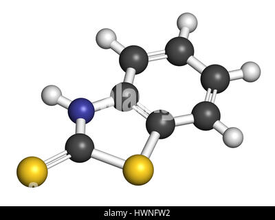 Mercaptobenzothiazole (MBT) skin sensitizer molecule. Used as rubber vulcanising agent. 3D rendering. Atoms are represented as spheres with convention Stock Photo