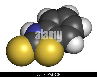 Mercaptobenzothiazole (MBT) skin sensitizer molecule. Used as rubber vulcanising agent. 3D rendering. Atoms are represented as spheres with convention Stock Photo