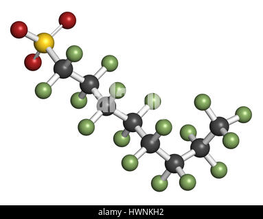 Perfluorooctanesulfonic acid (perfluorooctane sulfonate, PFOS) persistent organic pollutant molecule. 3D rendering. Atoms are represented as spheres w Stock Photo