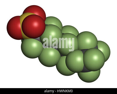 Perfluorooctanesulfonic acid (perfluorooctane sulfonate, PFOS) persistent organic pollutant molecule. 3D rendering. Atoms are represented as spheres w Stock Photo