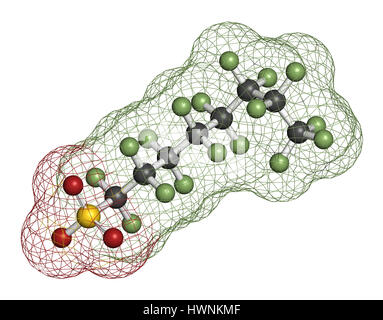 Perfluorooctanesulfonic acid (perfluorooctane sulfonate, PFOS) persistent organic pollutant molecule. 3D rendering. Atoms are represented as spheres w Stock Photo