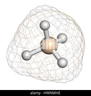 Silane (SiH4) molecule. 3D rendering. Atoms are represented as spheres ...