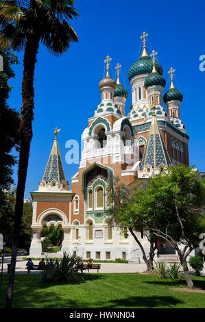 France, Alpes-Maritimes, Nice, Russian Orthodox Cathedral of St Nicolas and St Alexandra built in 1859 on Boulevard Tzarevitch Stock Photo