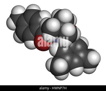 Tebufenozide insecticide molecule. 3D rendering. Atoms are represented as spheres with conventional color coding: hydrogen (white), carbon (grey), nit Stock Photo