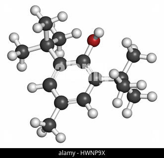 Butylated hydroxytoluene (BHT) antioxidant molecule. 3D rendering. Atoms are represented as spheres with conventional color coding: hydrogen (white),  Stock Photo