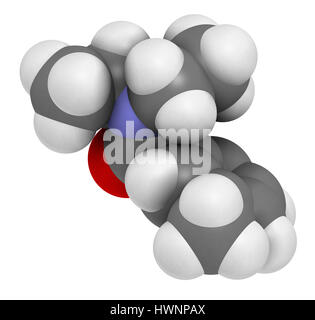 DEET (diethyltoluamide, N,N-Diethyl-meta-toluamide) insect repellent molecule. 3D rendering. Atoms are represented as spheres with conventional color  Stock Photo