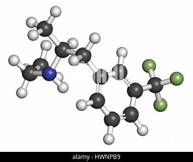 Fenfluramine weight loss drug molecule (withdrawn). 3D rendering. Atoms are represented as spheres with conventional color coding: hydrogen (white), o Stock Photo