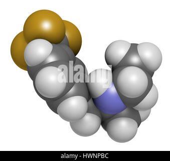 Fenfluramine weight loss drug molecule (withdrawn). 3D rendering. Atoms are represented as spheres with conventional color coding: hydrogen (white), o Stock Photo