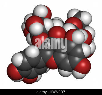 Rutin (rutoside, sophorin) molecule. Herbal glycoside composed of quercetin and rutinose. 3D rendering. Atoms are represented as spheres with conventi Stock Photo