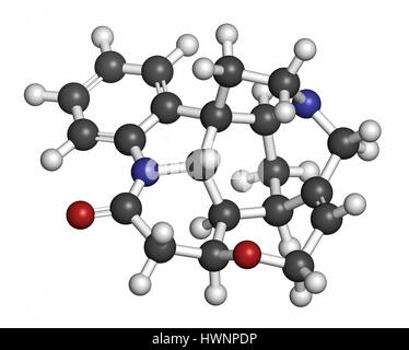 Strychnine poisonous alkaloid molecule. Isolated from Strychnos nux-vomica tree. 3D rendering. Atoms are represented as spheres with conventional colo Stock Photo