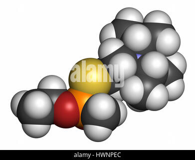 VX nerve agent molecule (chemical weapon). 3D rendering. Atoms are represented as spheres with conventional color coding: hydrogen (white), carbon (gr Stock Photo