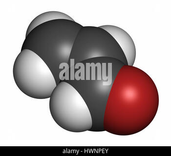 Acrolein (propenal) molecule. Toxic molecule that is formed when fat or oil is heated and is present in e.g. french fries.  3D rendering. Atoms are re Stock Photo