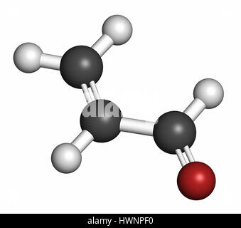Acrolein (propenal) molecule. Toxic molecule that is formed when fat or oil is heated and is present in e.g. french fries.  3D rendering. Atoms are re Stock Photo
