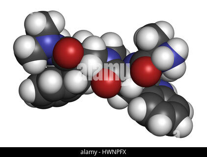 Anamorelin cancer cachexia and anorexia drug molecule. 3D rendering. Atoms are represented as spheres with conventional color coding: hydrogen (white) Stock Photo