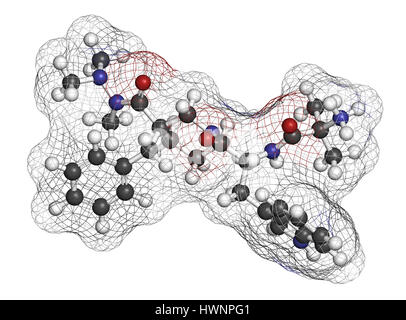 Anamorelin cancer cachexia and anorexia drug molecule. 3D rendering. Atoms are represented as spheres with conventional color coding: hydrogen (white) Stock Photo