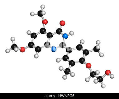 Apabetalone atherosclerosis drug molecule (BET inhibitor). 3D rendering. Atoms are represented as spheres with conventional color coding: hydrogen (wh Stock Photo