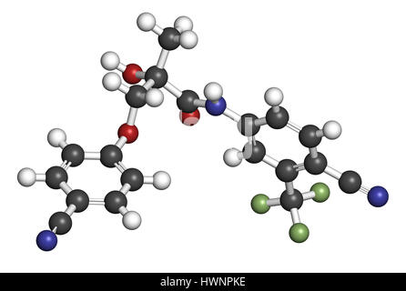 Enobosarm drug molecule. Selective androgen receptor modulator (SARM) that is also used in sports doping. 3D rendering. Atoms are represented as spher Stock Photo